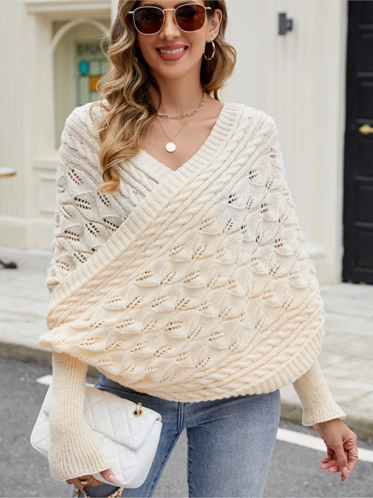 

Осень-зима, новые однотонные повседневные вязаные свитера, женская шаль с рукавами «летучая мышь», полая вязаная блузка, свитер с длинными рукавами