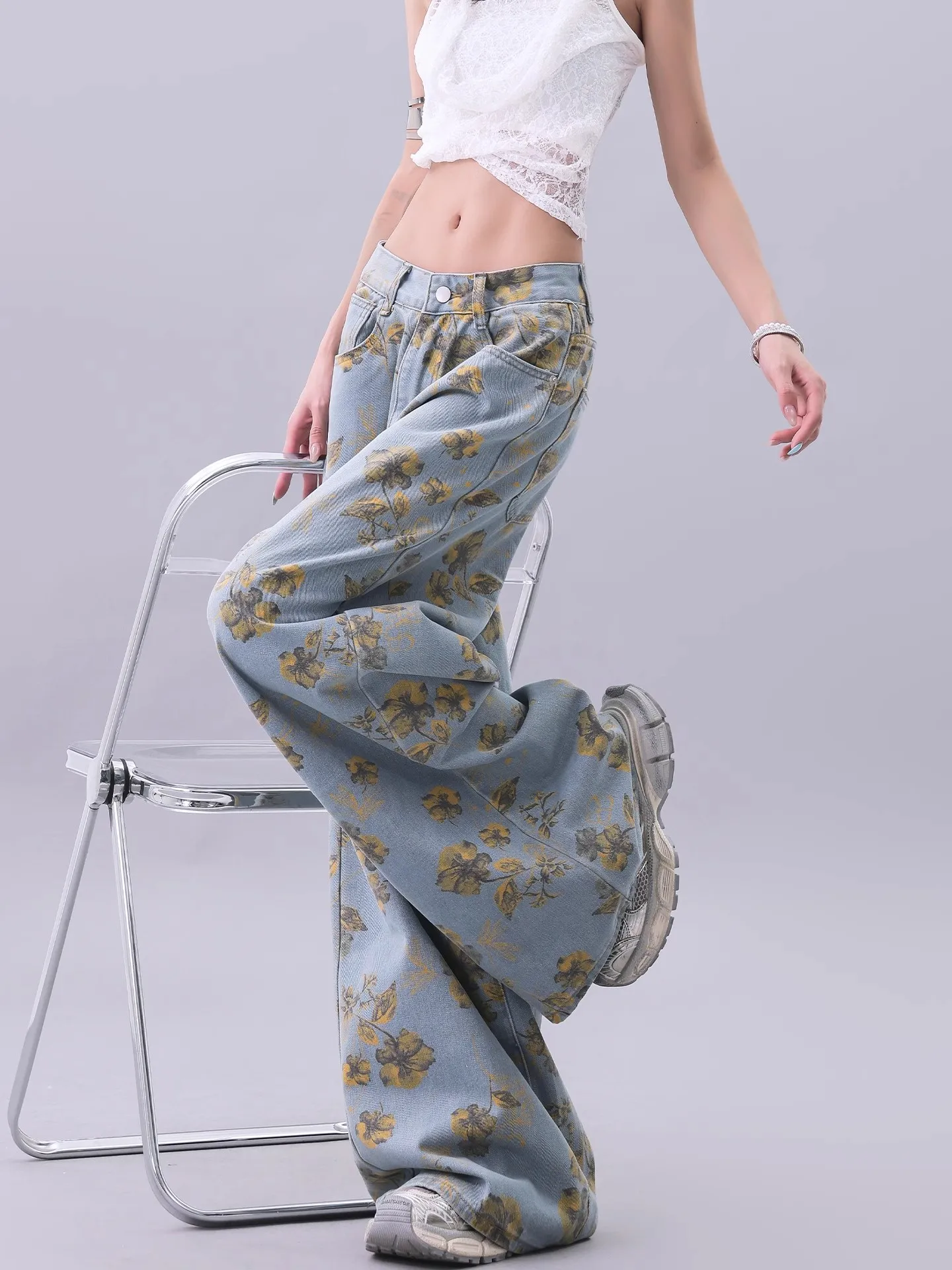 Vintage Floral Print Hohe Taille High Street Blau Gerade Jeans Hosen Koreanische Mode frauen Breite Bein Baggy Denim Hosen y2K