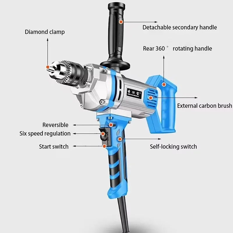 Electric Cement Mixer High Power Concrete Mixer Multifunctional Drill Machine with 6 Adjustable Speed for Mixing Mud Cement