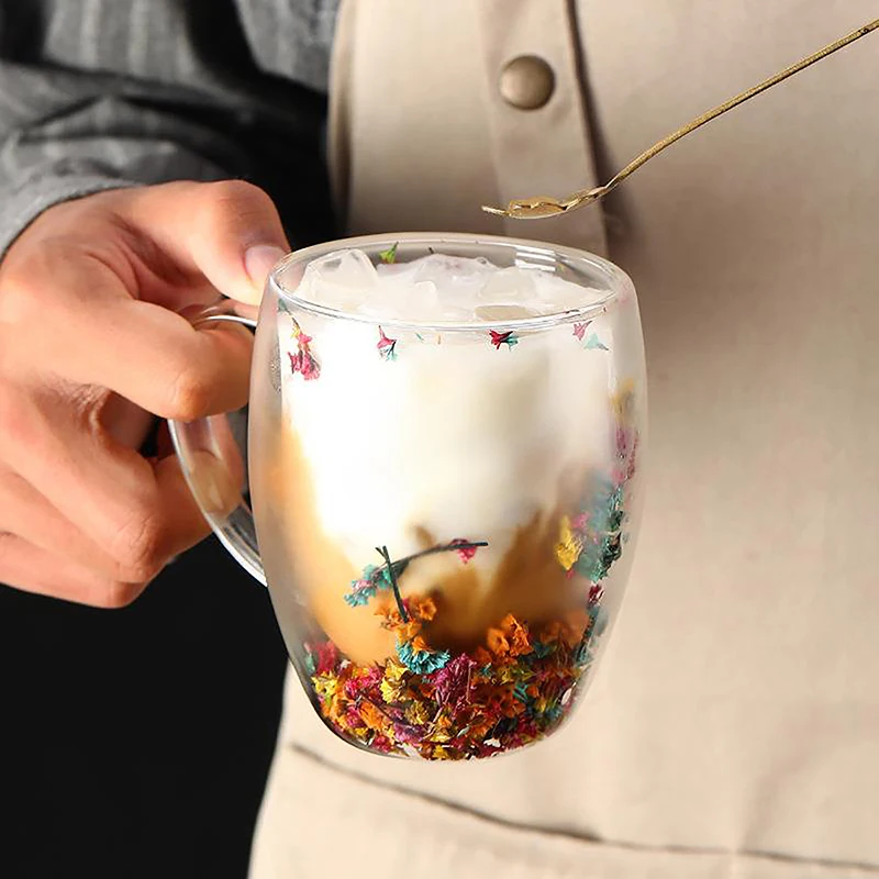 350ml Fillings Dry Flowers Double Wall Glass Cup With Handle Heat Resistant Tea Coffee Cups Espresso Milk Mug Creative Gift