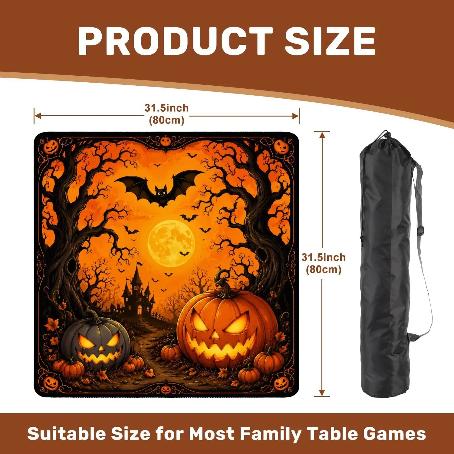 Mahjong Mat with Carrying Bag 31.5x31.5 Spooky Halloween Glowing Pumpkin Haunted House Bats Non‑slip Noise‑reducing for Mahjong