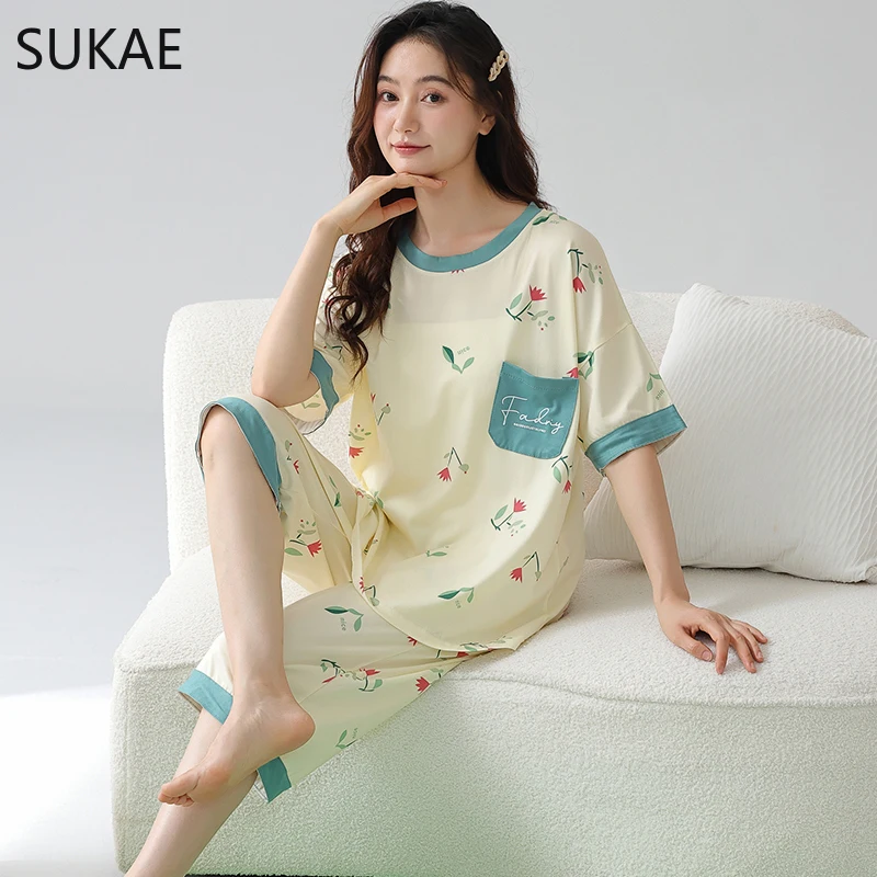 SUKAE M-6XL Big Size Nightwear Calf-length O-Neck Sleepwear Women Faux Cotton Capris Pajama Pijamas for Woman Lady Pajamas Set