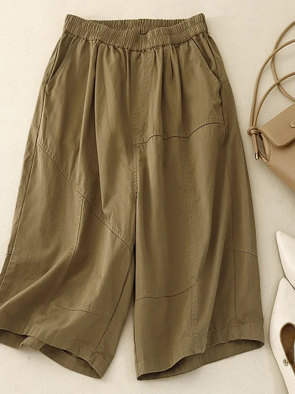 Katoenen broek met wijde pijpen Dames Loose Fit Elastische taille Casual losse damesbroek met vijfkwartlengte Sli Afslanken