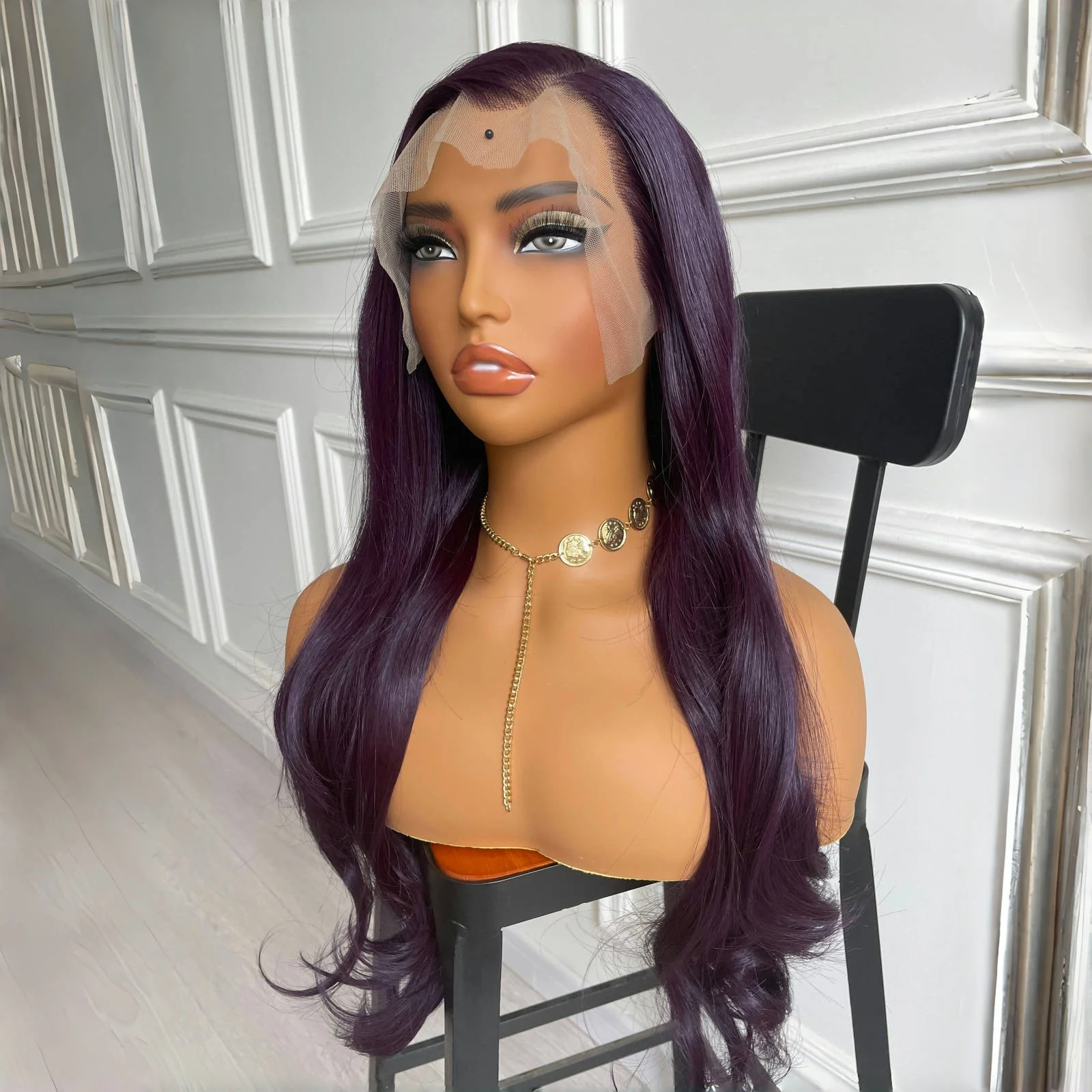 13X4 Dark Purple Wig Synthetic Hair Natural Wavy Lace Front Wig Body Wave Long Hair Colored Lace Frontal Wigs for Women Party