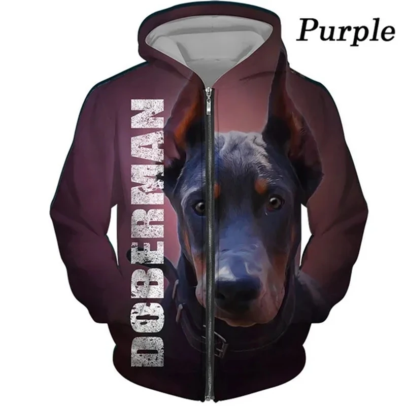 3D Print Doberman Zip-Up Hoodie Men's Streetwear Sweatshirt