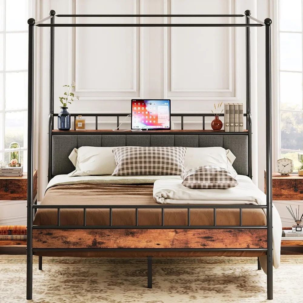 

LIKIMIO Canopy Bed Frame Queen, Storage Headboard with Charging Station, Platform Bed with 4 Removable Sturdy Posts, Noise Free,