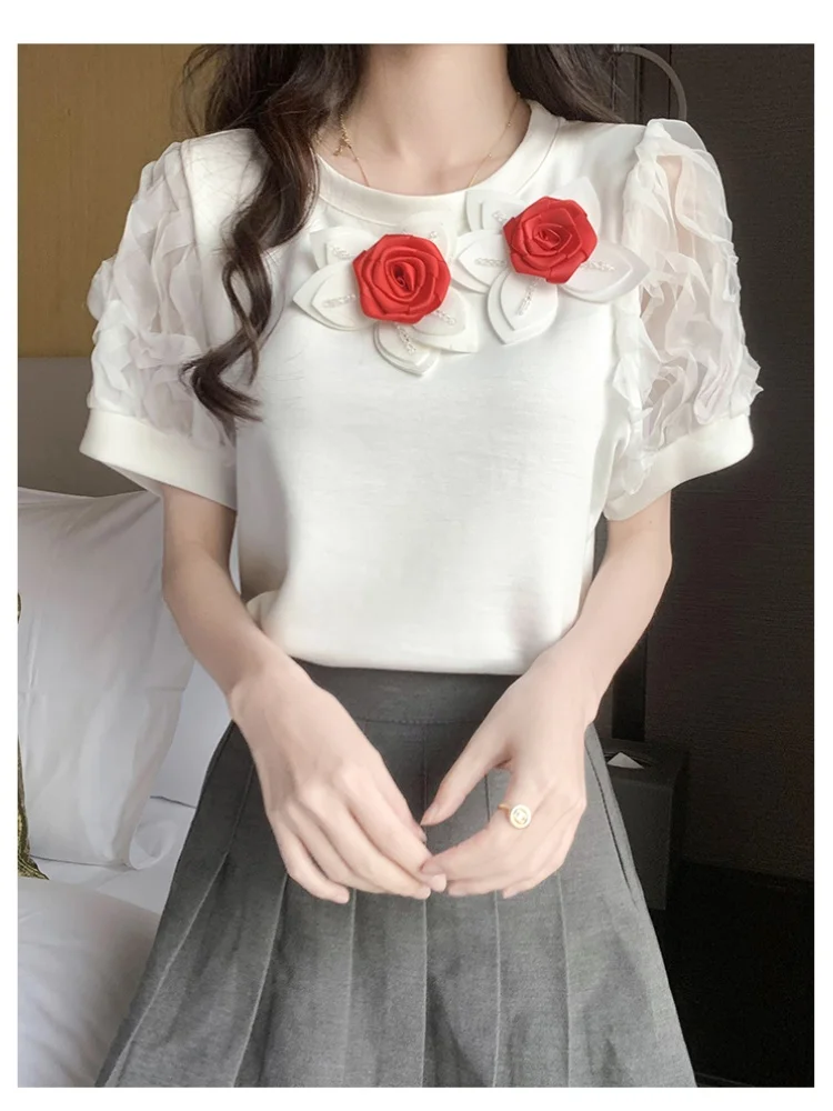 SMTHMA 2024 Fashion Summer Puff Short Sleeve T-Shirt Women's Versatile Casual O-Neck 3D Flower New Style Tops