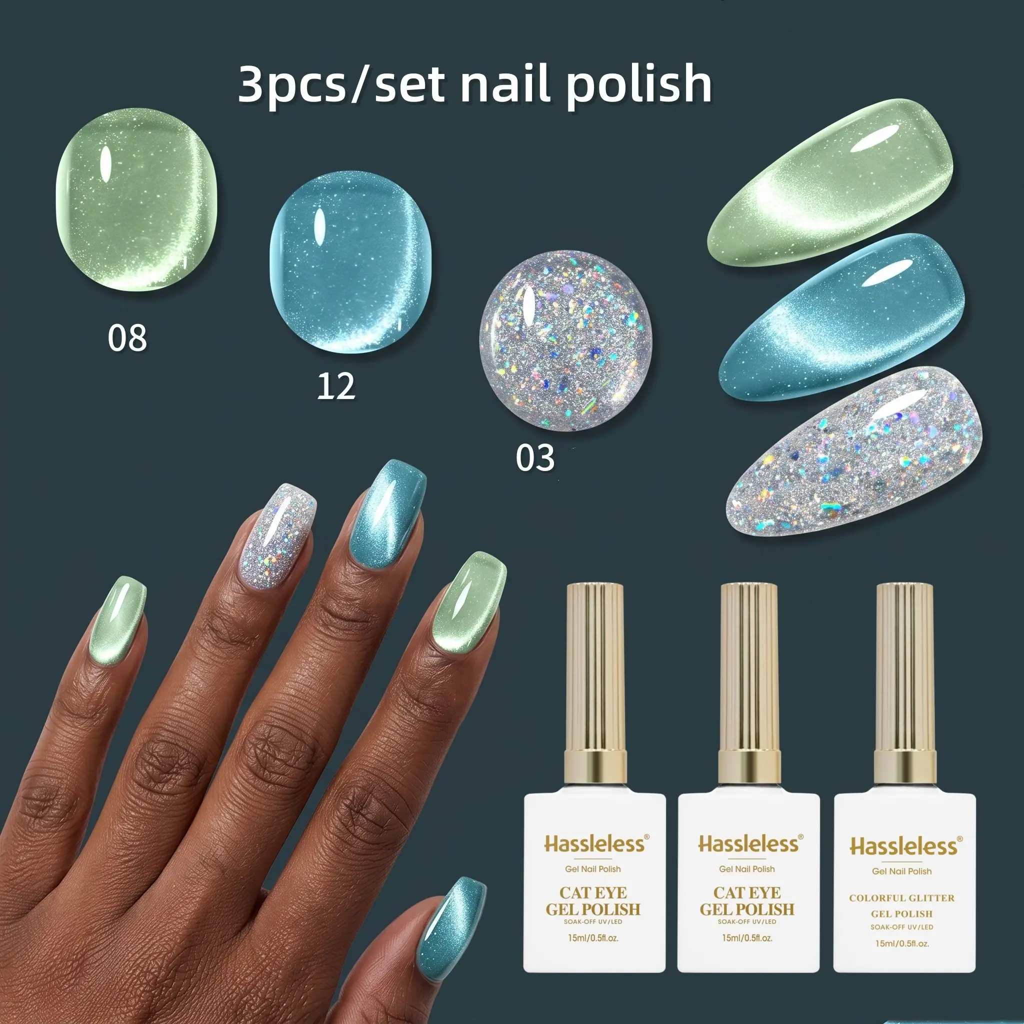 Hassleless 3-Piece Set of Ice-Clear Blue Cat Eye Nail Polish, Light Green Cat Eye, Lake Blue Cat Eye with Iridescent Glitter, Transparent and Clear Texture, Smooth and Easy to Apply, Create Refreshing Glass Bead-Like Fingertips at Home, Perfect for Summer to Enhance Complexion.