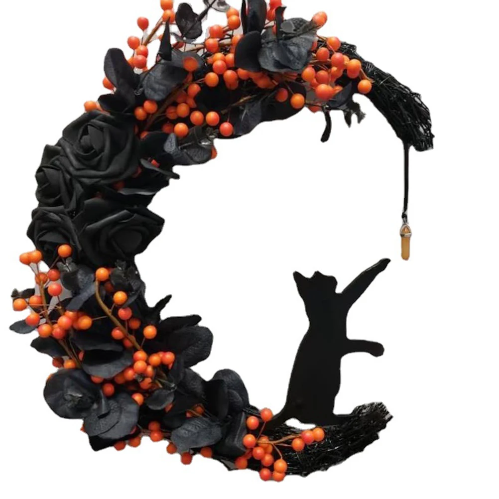 

Halloween Moon Cat Garland with Rose, Black Decorations Halloween Garland, Halloween Wreath for Front Door Halloween Decorations