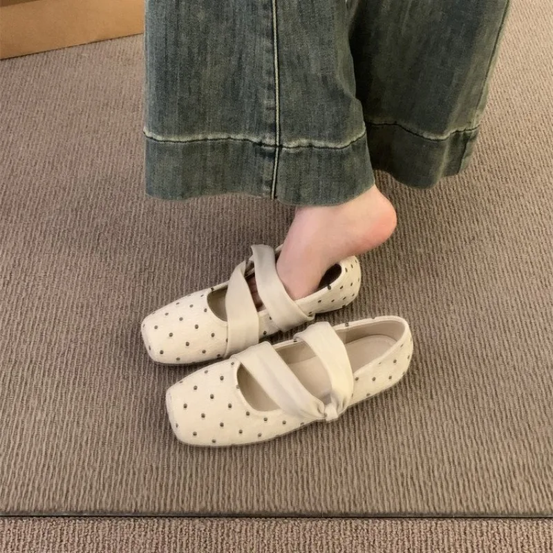 Ladies Polka‑Dot Square Toe Ballet Flats Twisted Elastic Strap Slip‑On Casual Shoes