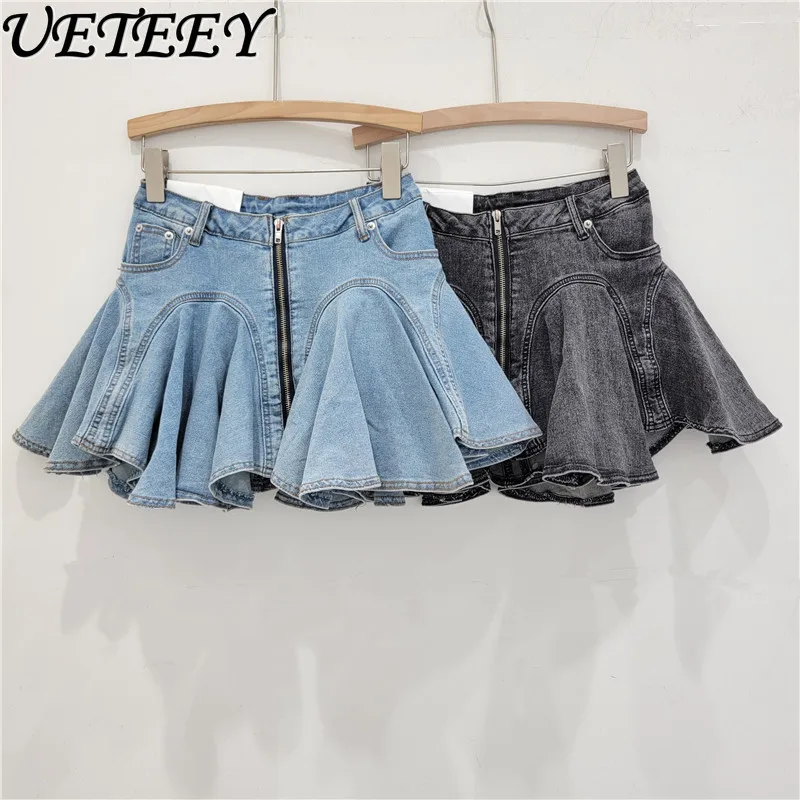 

3D Cut Deconstructed Ruffled Denim Short Skirt for Women Summer Versatile Fashion Zipper Patchwork Pleated Stretch Mini Skirts