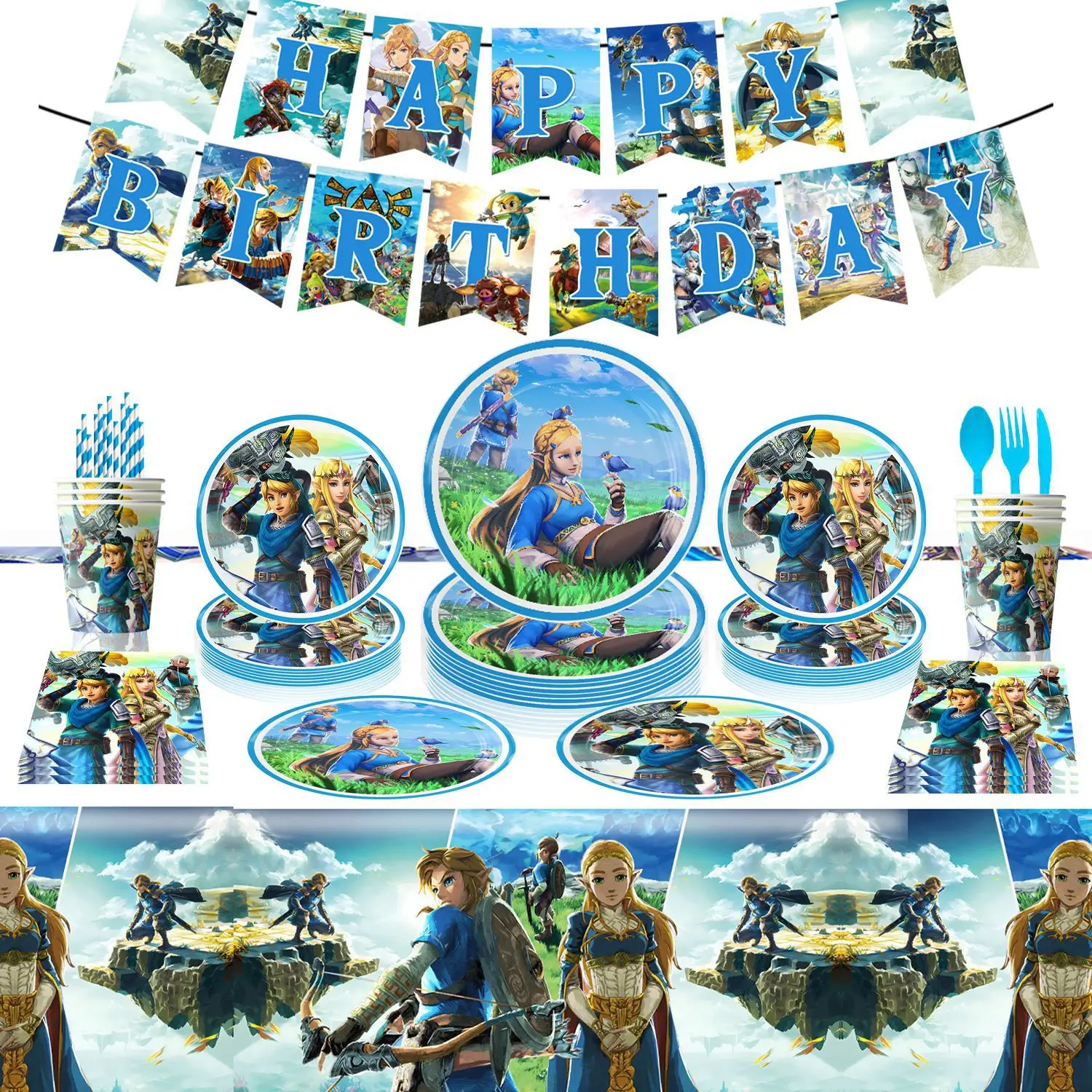 Suministros de Decoración para Cumpleaños de The Legend of Zelda: Servilletas, Vasos, Mantel, Platos y Globos de Zelda