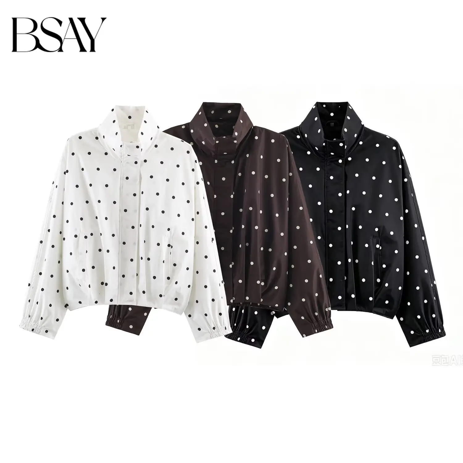 BSAY Women Polka Dot Print Cropped Bomber Jacket Stand Collar Elastic Cuffs Fit Long Sleeve Casual Pocket Design Short Outerwear