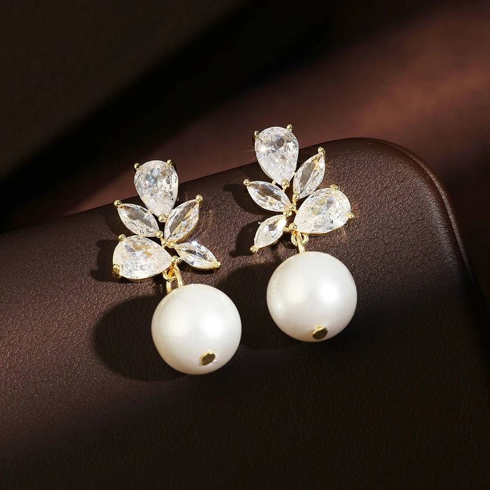 ZAKOL Minimalist Imitation Pearl Round Drop Earrings for Women Cubic Zirconia Leaf Bride Wedding Ear Jewlery Stylish Charm