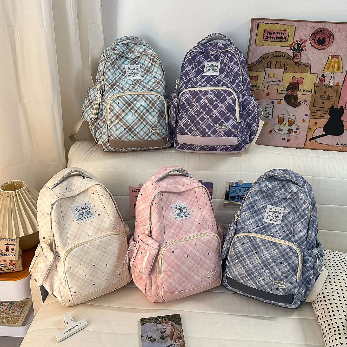 

Lightweight nylon, cute star-striped student schoolbag, multi-pocket, large-capacity ladies' computer backpack