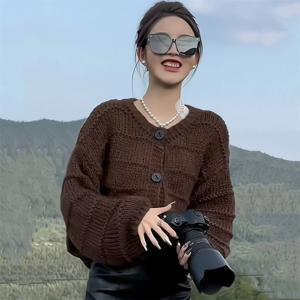 

2025 модная новая куртка в стиле ретро, женский однотонный кардиган, ленивый свободный вязаный стиль, мягкий топ, осенний свитер