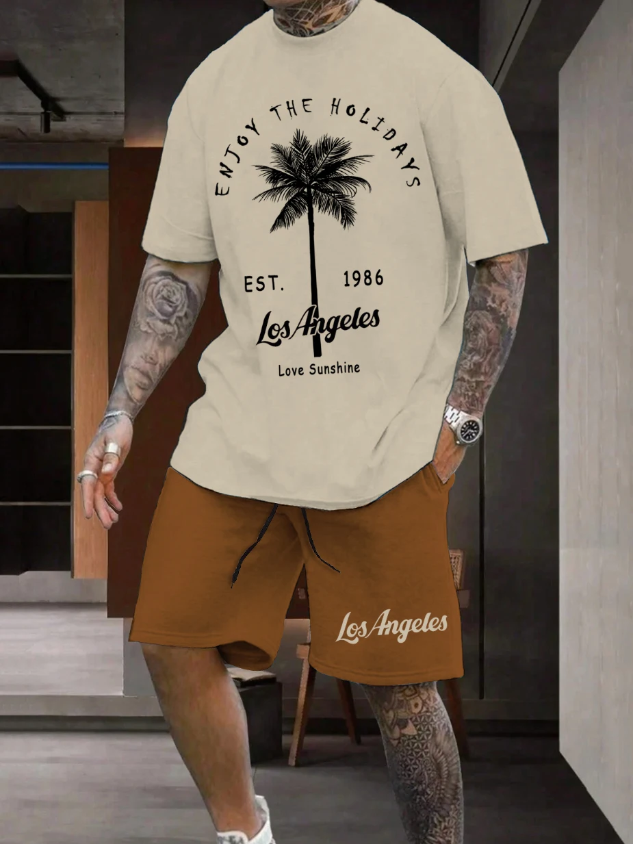

Men's Summer Short-Sleeve T-Shirt and Shorts Set in a Casual and Trendy Style with 1986 Los Angeles Coconut Tree Prints
