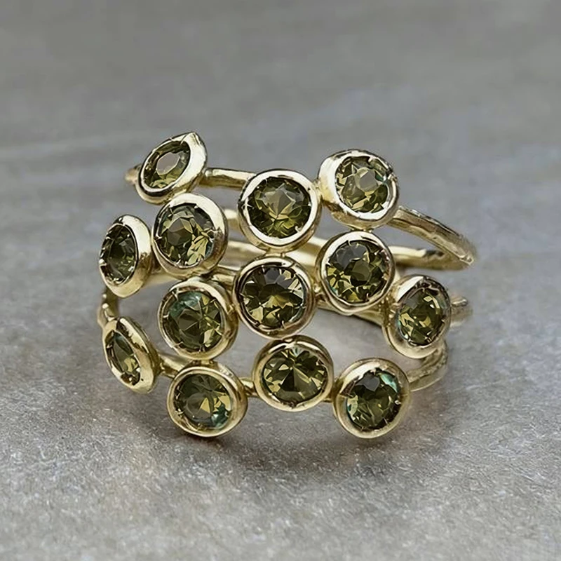 Huitan Gold Color Multi-Layer Wrap Rings for Women Full Round Olive Green Cubic Zirconia Daily Party Luxury Statement Jewelry