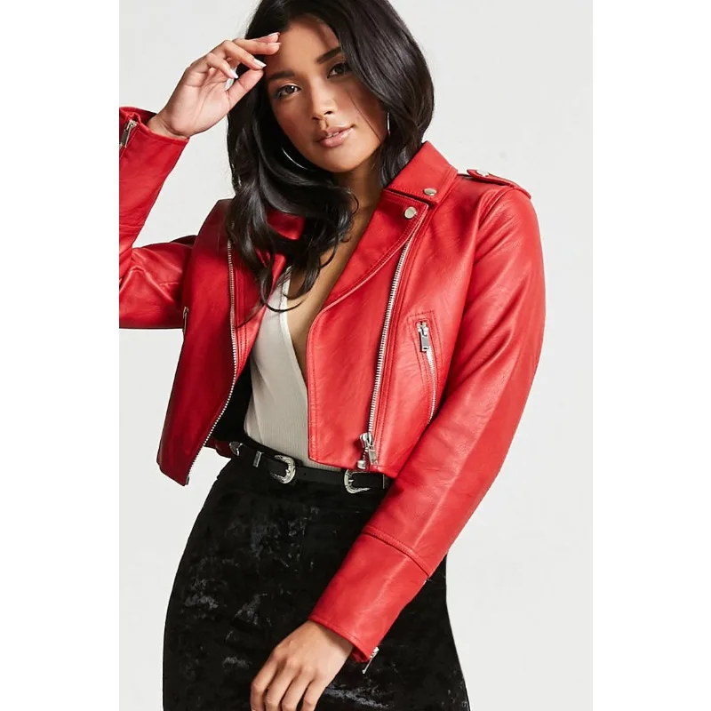 Chaqueta de piel de cordero 100% auténtica para mujer, abrigo corto rojo para motocicleta