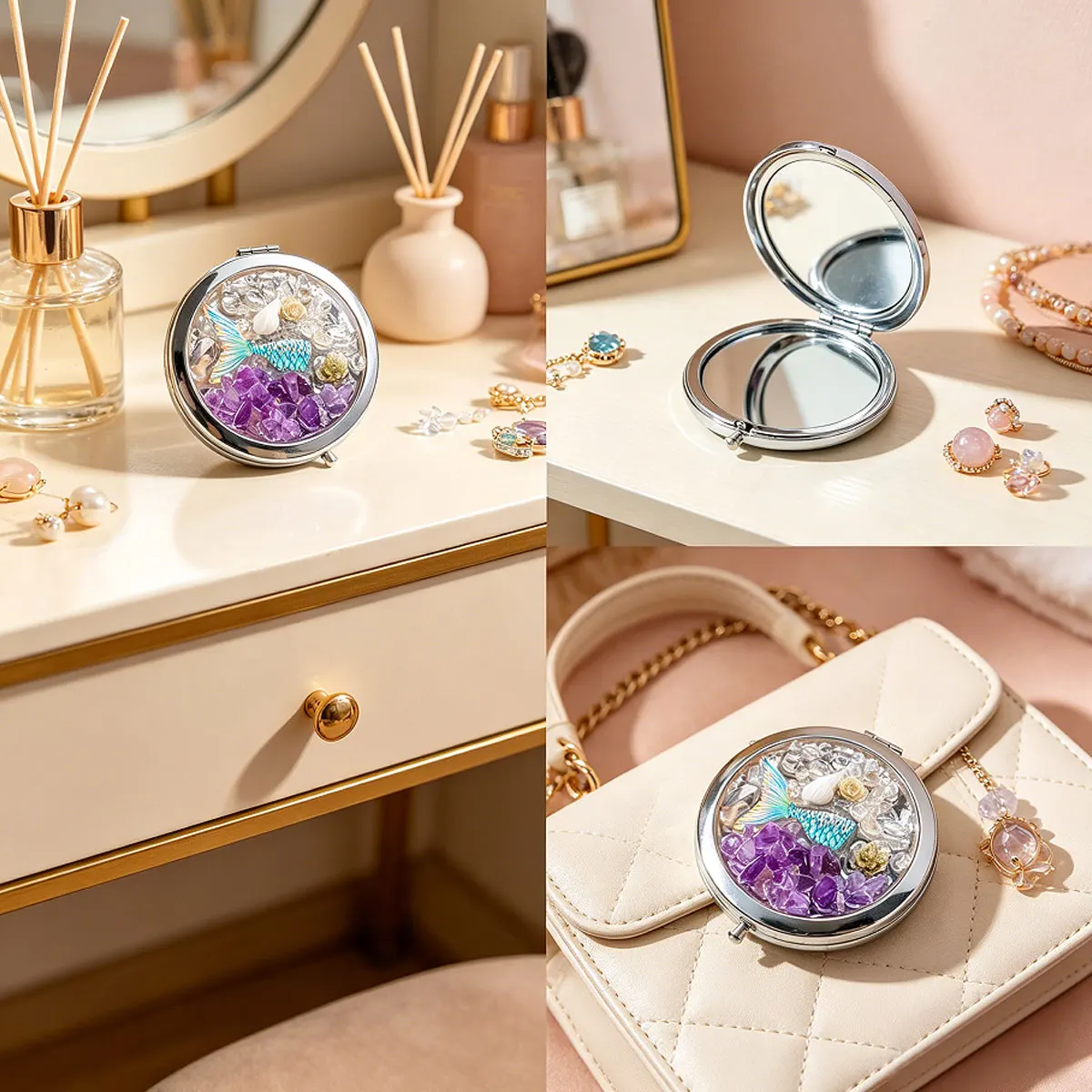 1PC Natural Crystal Mini Round Makeup Mirror, Amethyst Heart Design, Portable Travel Vanity Mirror, Elegant Atmosphere Decor, Pe