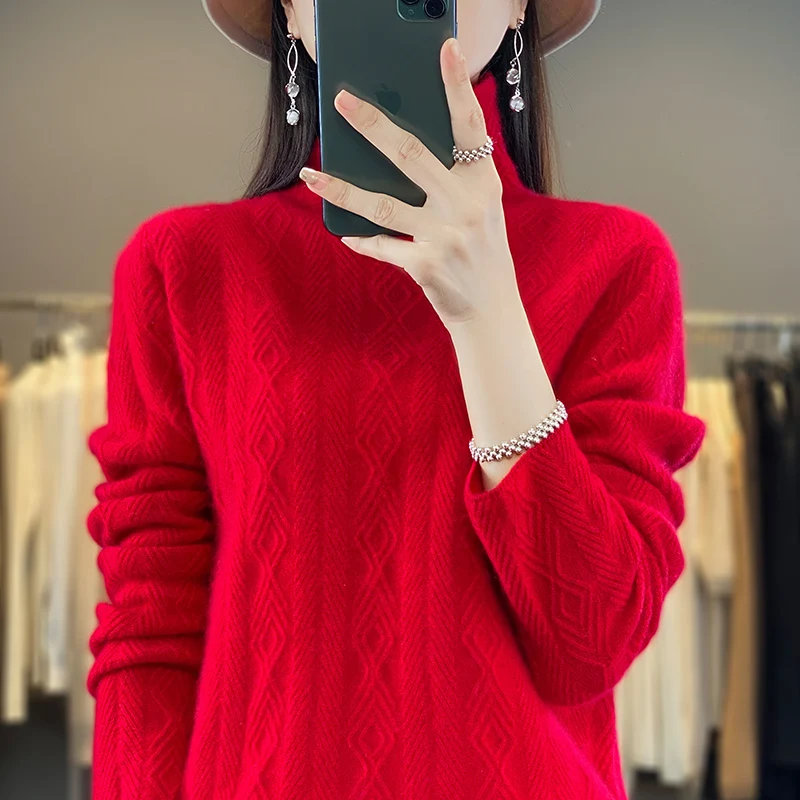 

100% pure wool sweater for women, loose fitting pile up high collar with twisted flower knit base, slimming and stylish sweater