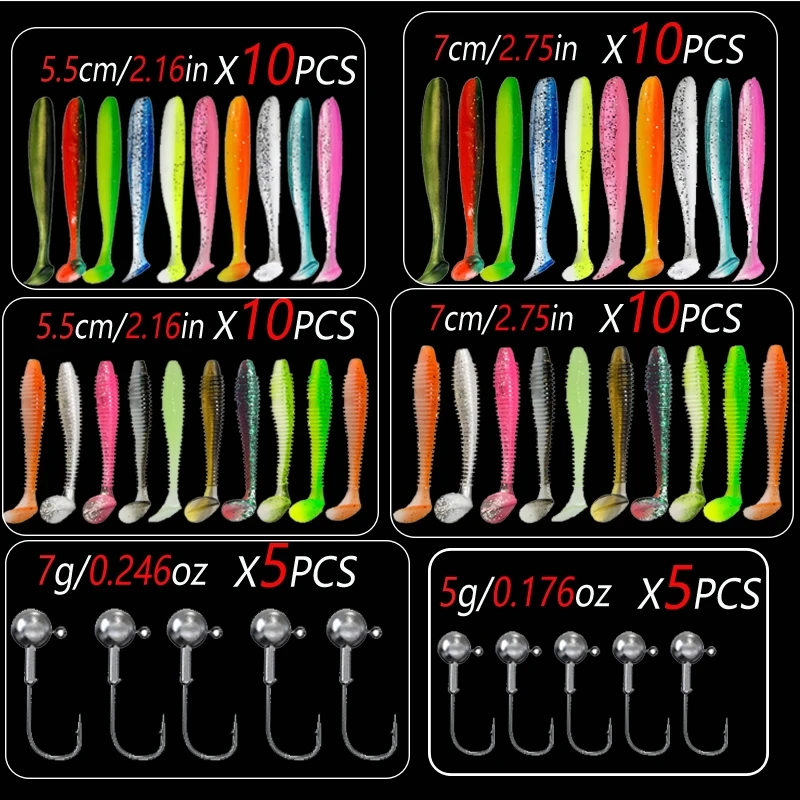50 Teile/schachtel Sinking Köder Kit 5,5/7 cm Weiche Angeln Lockt Künstliche Köder Wurm mit Kurbel Jig Kopf haken Angelgerät Zubehör – Detail 1