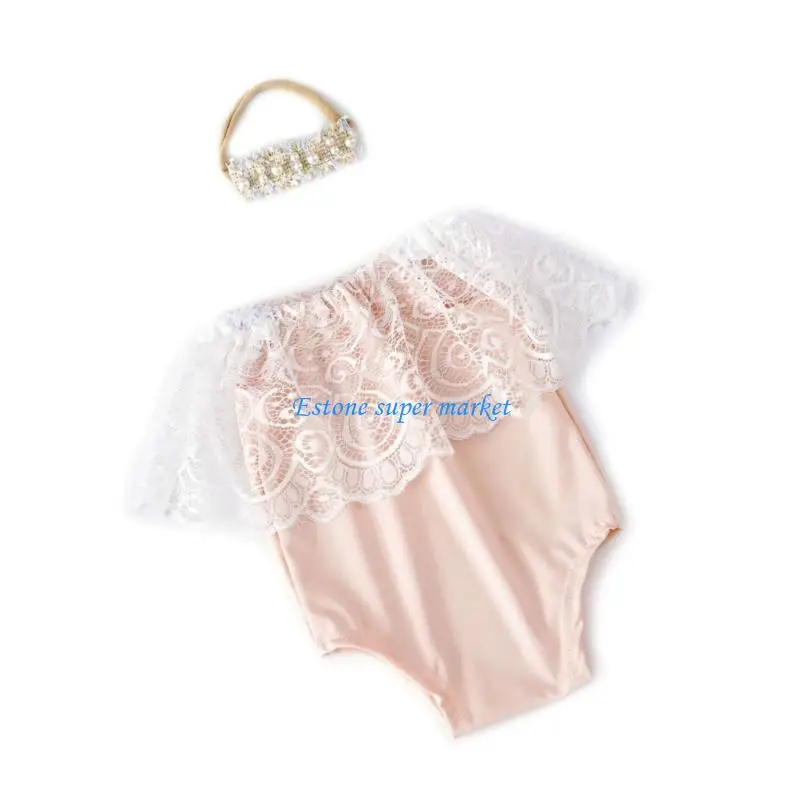 

090B 2Pcs/set Newborns Romper with Matching Flower Beaded Hairband Baby Shower Gift
