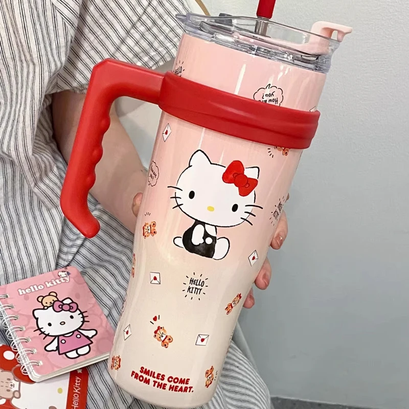 Термокружка Sanrio Kitty Kuromi Cinnamoroll 1200 мл с ручкой, двойными стенками из нержавеющей стали, для автомобиля, офиса, путешествий