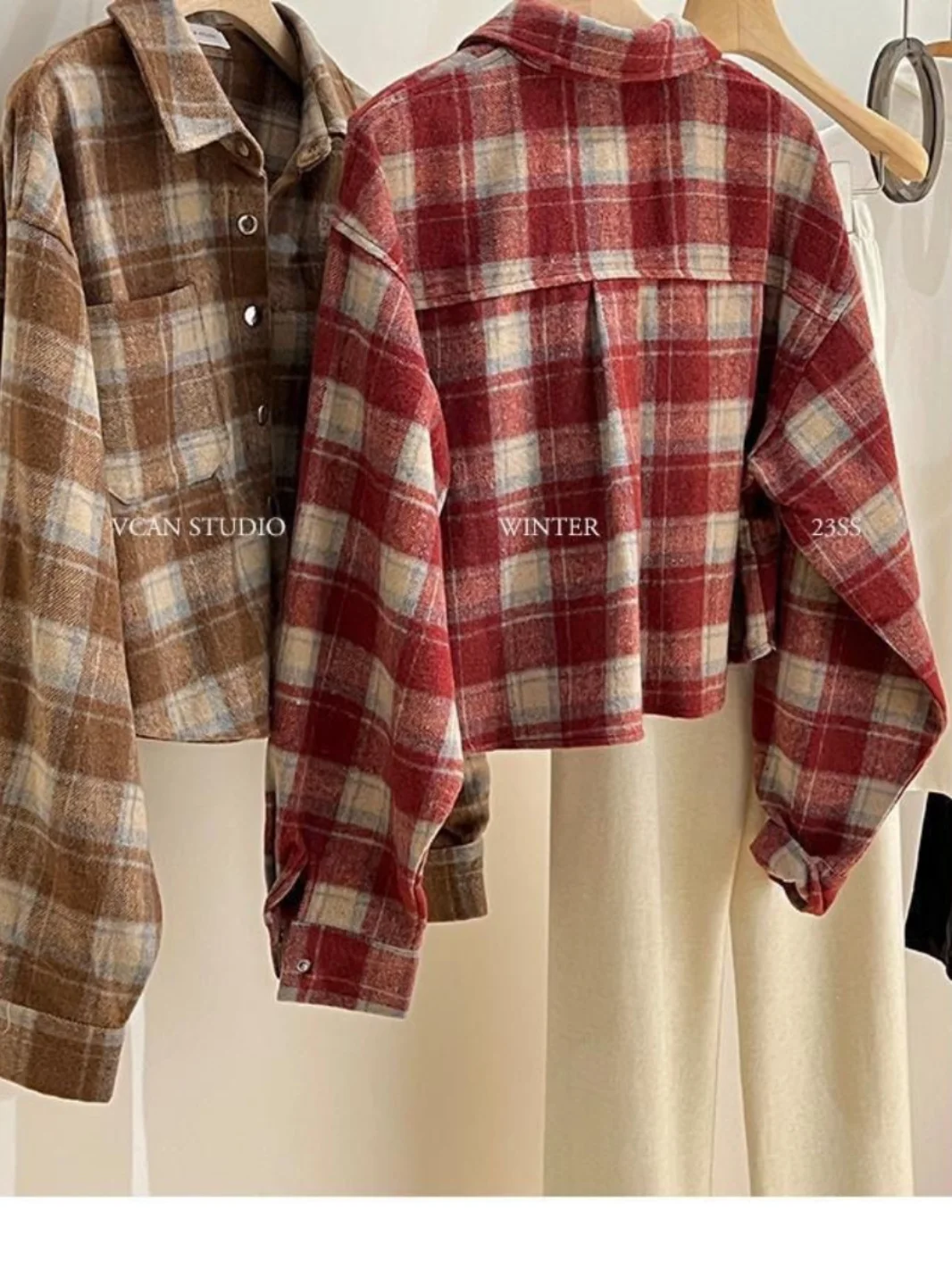 American Style Plaid Flannel Shirt Women Spring Autumn Outerwear Long Sleeve Short Thickened Coat Korean Straight Cut  Co...