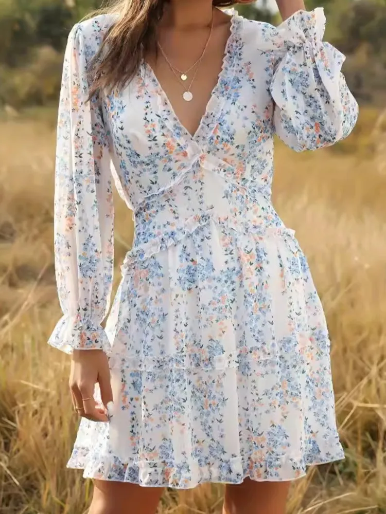 

Fashion Print Mini Dress For Women Casual Long Sleeve V Neck Pullover Loose Dresses Lady Holiday Beach Y2k Skirt Womens Clothing