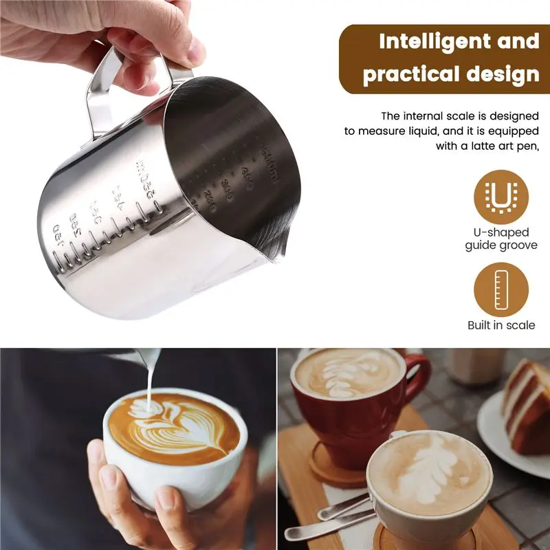 ABUN Milk Frothing Pitcher Set, 3pcs Latte Art Cup, Stainless Steel Coffee Utensils, Graduated Measuring Cup for Coffee Bar