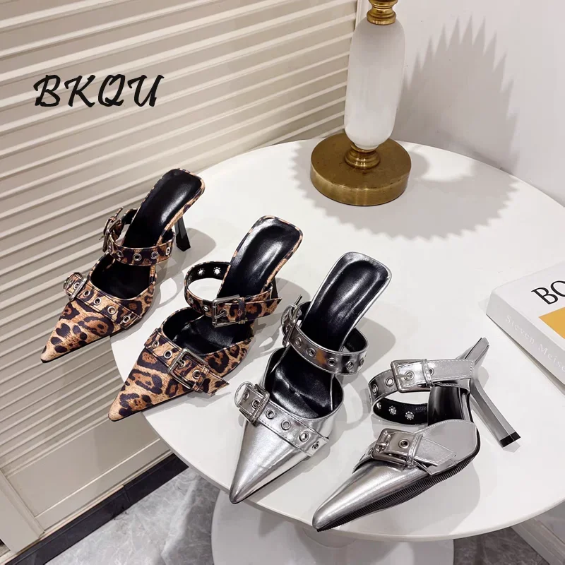 

BKQU Leopard Print 2024 Bao Head Fashion Slippers Women Wear Stylish Belt Buckle Pointy Heel Sandals