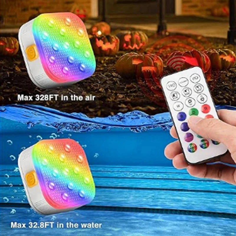 Rechargeable Submersible Pool Lights With Remote, IP68 Waterproof 16 Color Changing LED Lights With Glue