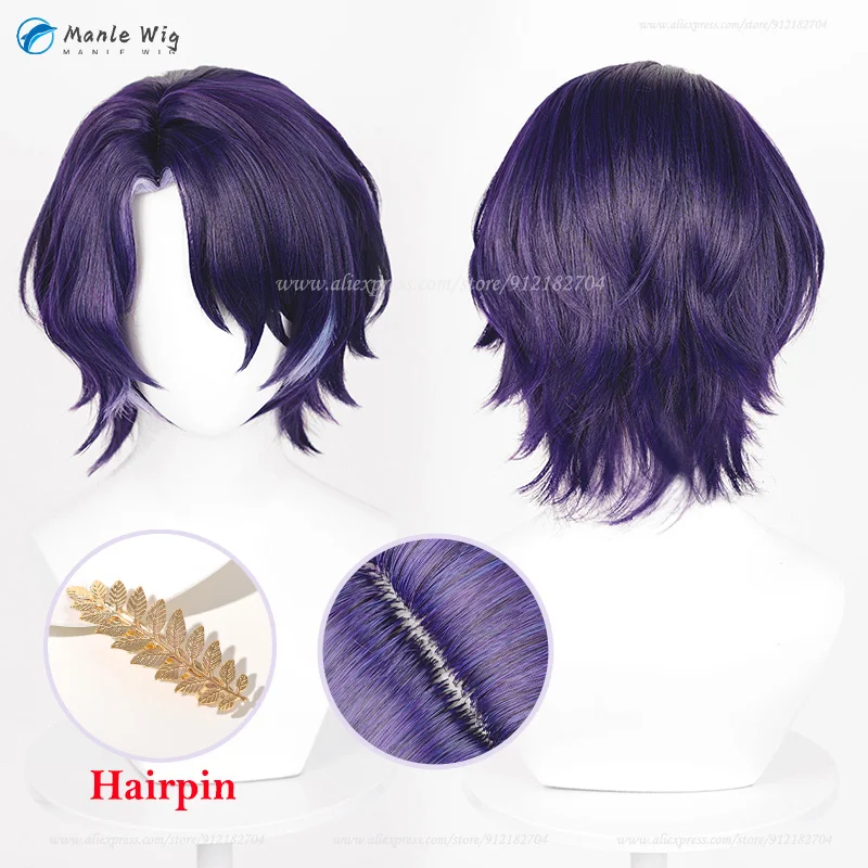 

HSR Dr. Ratio Cosplay Wig 33cm Short Purple Highlights Hair Heat Resistant Synthetic Wigs Halloween Anime Wigs + Wig Cap