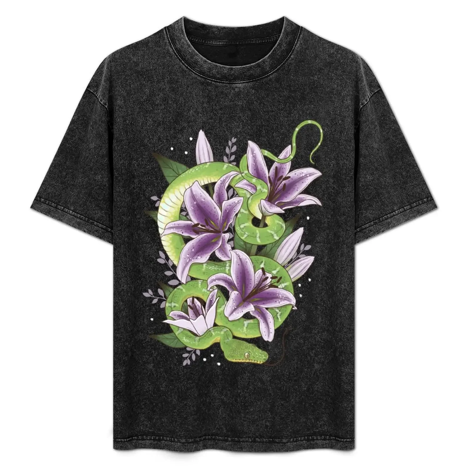 

Emerald Tree Boa with Purple Stargazer Lilies T-Shirt vintage graphic tee summer clothes t shirts for men