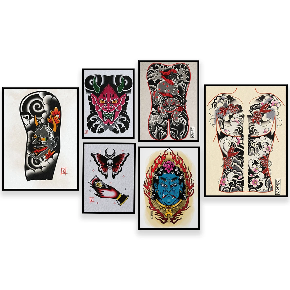 Dead moth and tarot cards, japanese half-sleeve prajna mask, karaage back tattoo, traditional tattoo poster, tattoo gift