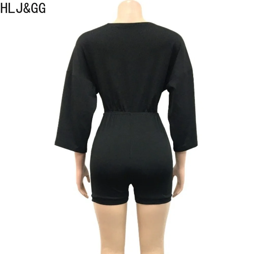 HLJ&GG Fashion Solid Color Hollow Out Bandage Rompers Women Deep V Long Sleeve Pocket Slim Jumpsuit Summer New Female Streetwear