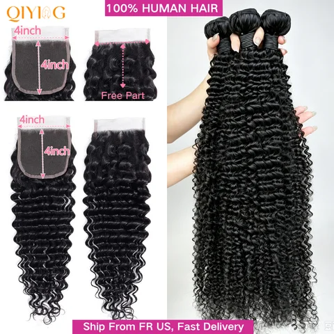 QIYING Deep Wave Bundles With 4x4 Lace Closure 12A 100% Virgin Human Hair Weave Extensions Free Part Natural Black Double Weft Curly Human Hair Bundles With Closure Local In Stock Fast Shipping For Women