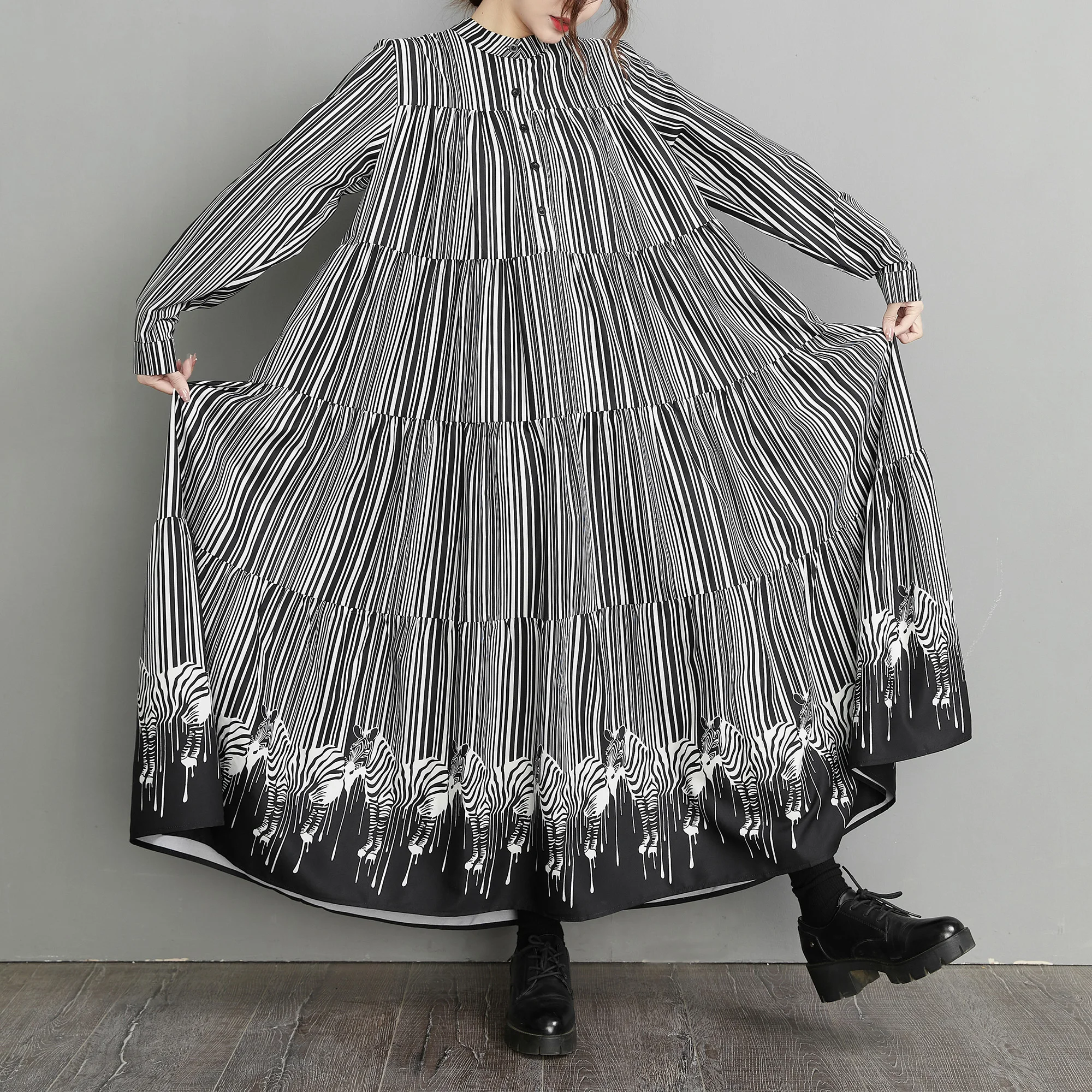 Base ample longue Sve Dr printemps nouveau Sle rayure verticale épissage rétro jupe Bot ample pour les femmes de grande taille