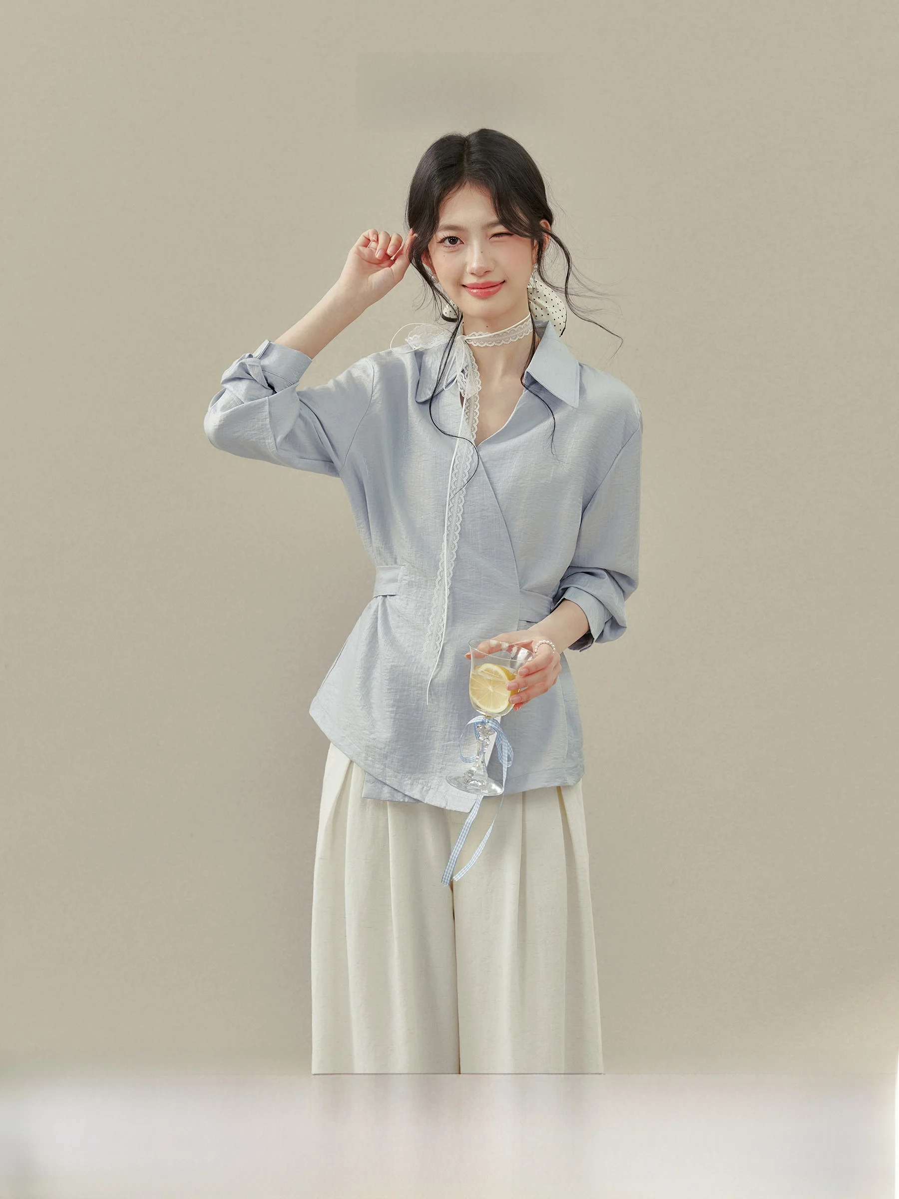 

Blue Long Sve V-Ne Belted irt Women's Sle Commute Korean Version Mirror Series Faionable Women's Top