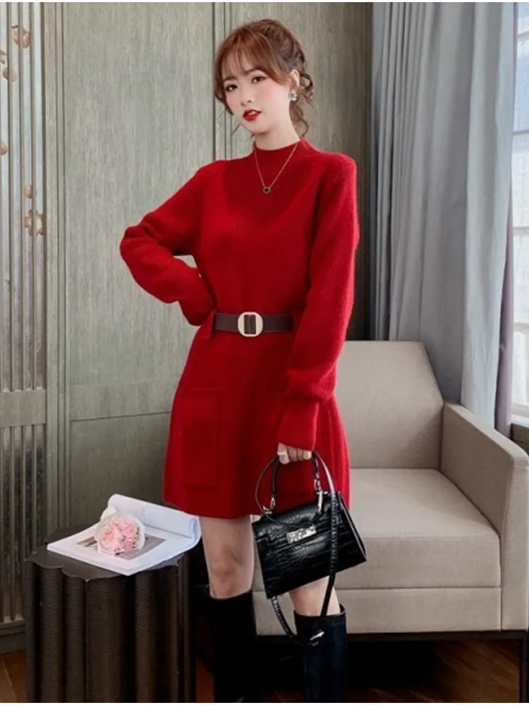 2023 Autumn Korean Version New Thickened Loose Mid Length Sweater Women's Waistband Slim Sweater Skirt Trend