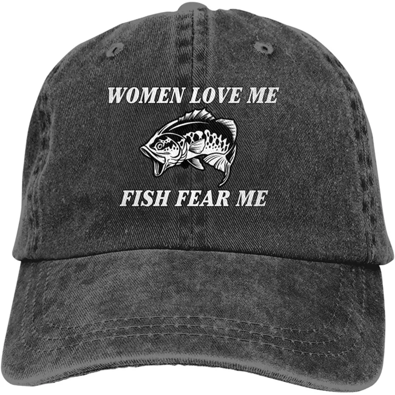 

Women Love Me Fish Fear Me Washed Baseball Cap Trucker Hat Adult Unisex Adjustable Dad Hat Unisex Camping Retro Cowboy Hat