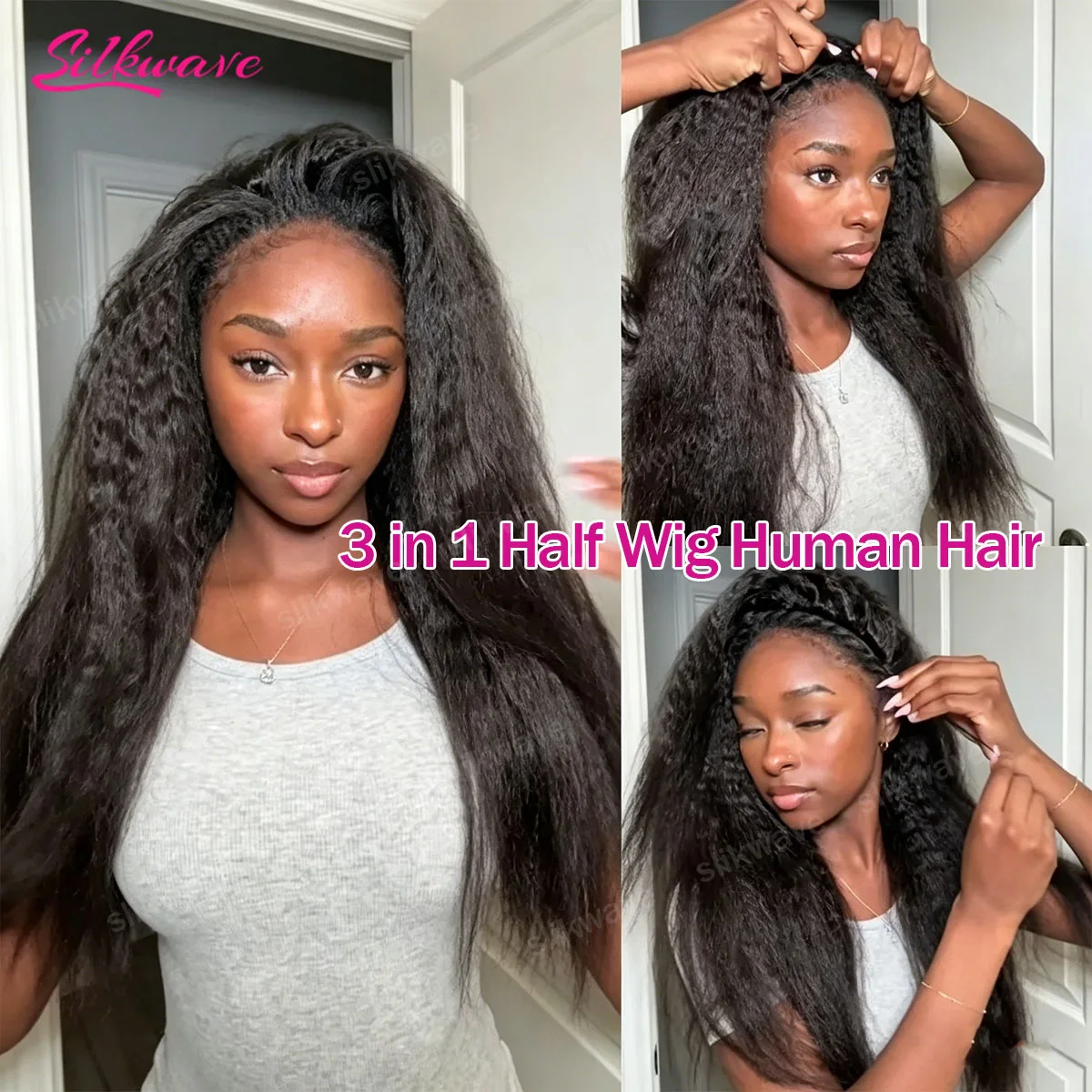 32 Inch 3 IN 1 Half Wig Kinky Straight Human Hair Glueless Wig Human Hair Ready to Wear Half Wig Drawstring Glueless Half Wig