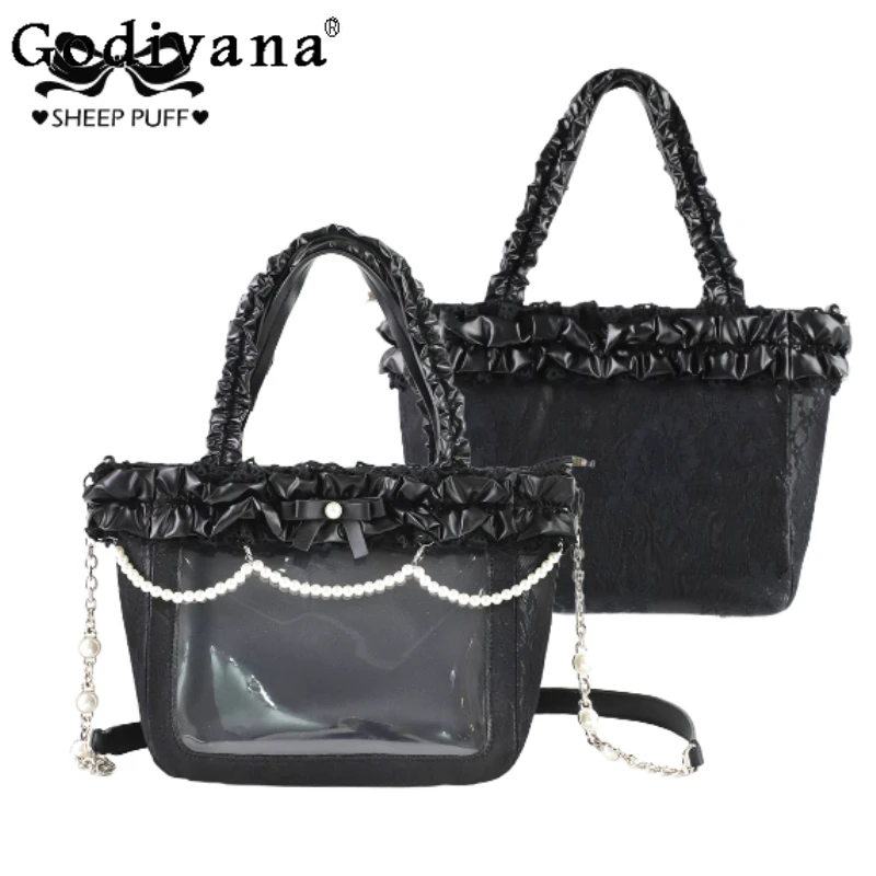 

Original Mine Sweet Girls Lace Satin Itabag Cute Bow Pearl Chain Women's Sweet Handbags Large Capacity Lolita Shoulder Bags