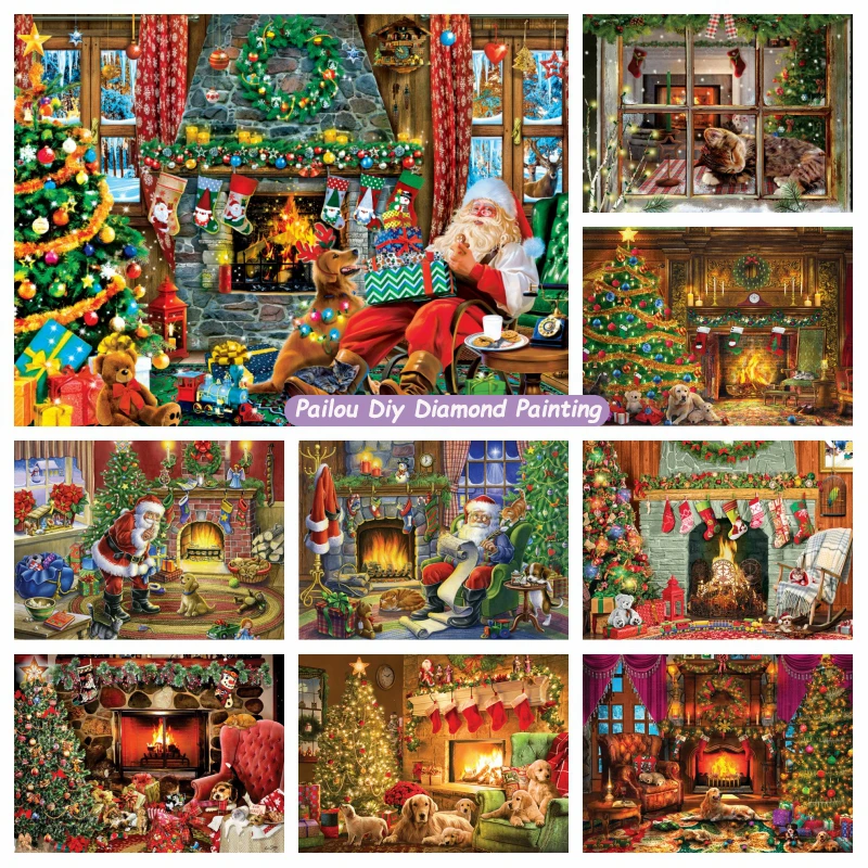 

Christmas Tree Fireplace 5d Diamond Painting Holiday Landscape Santa Claus Cute Kittens Art Cross Stitch Embroidery Home Decor