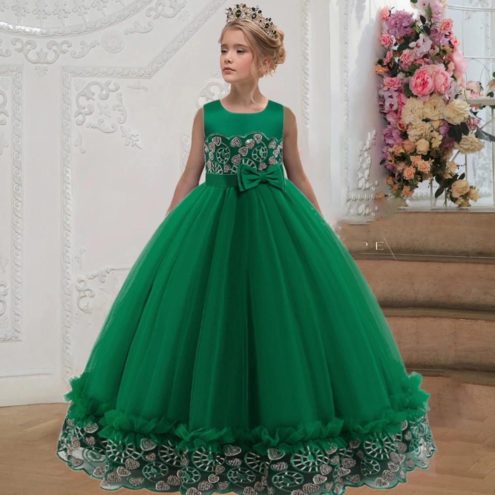 

Elegant Bridemaid Party Dresses For Girls Christmas Costume Tulle Birthday Princess Kids Dresses for Girl Bow Wedding Prom Gown