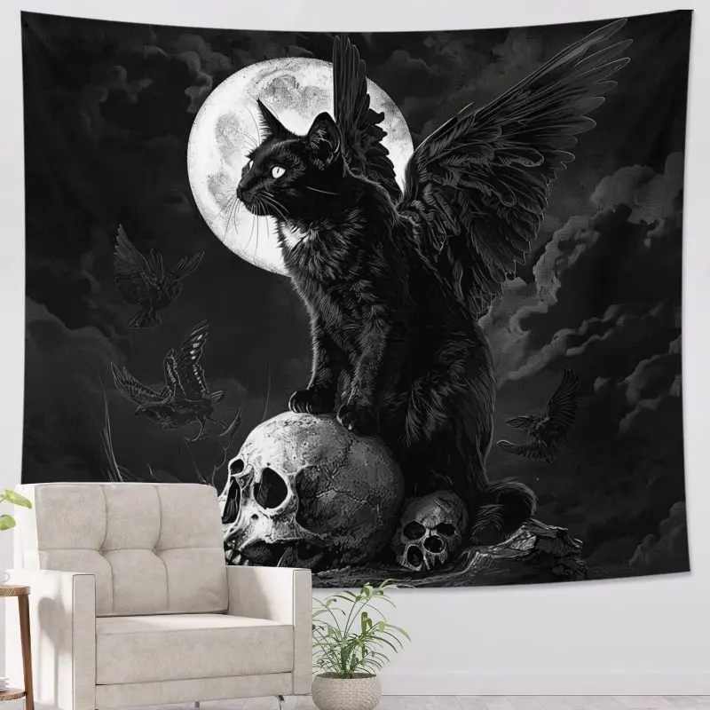 VIKAMA Black Winged Cat Skull Tapestry Wall Hanging Full Moon Gothic Witchy Aesthetic Wall Art Bedroom Living Room Dorm Decor