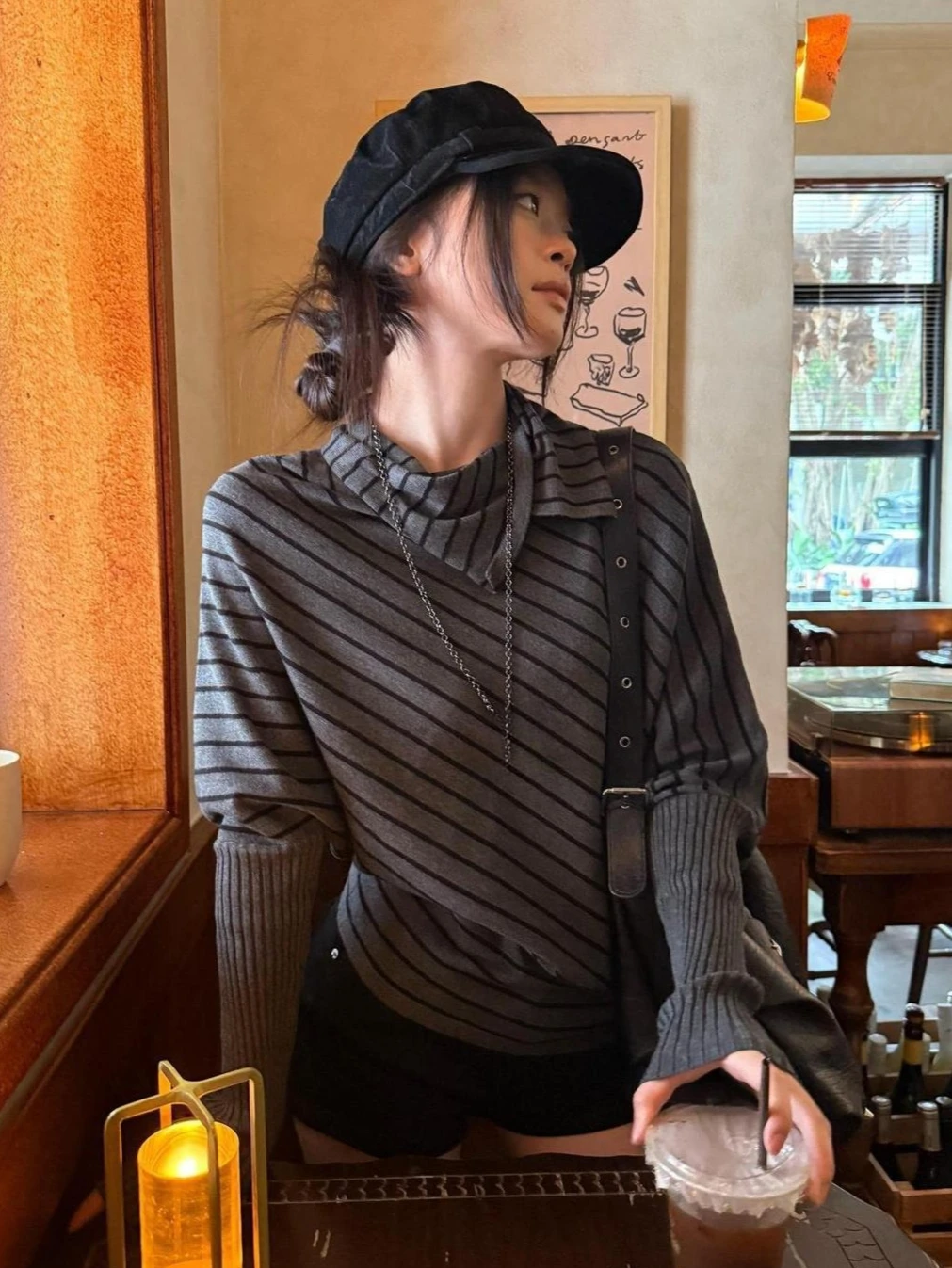Estética moda listra topos mulher streetwear elegante manga longa t chique coreano vintage malhas pulôver