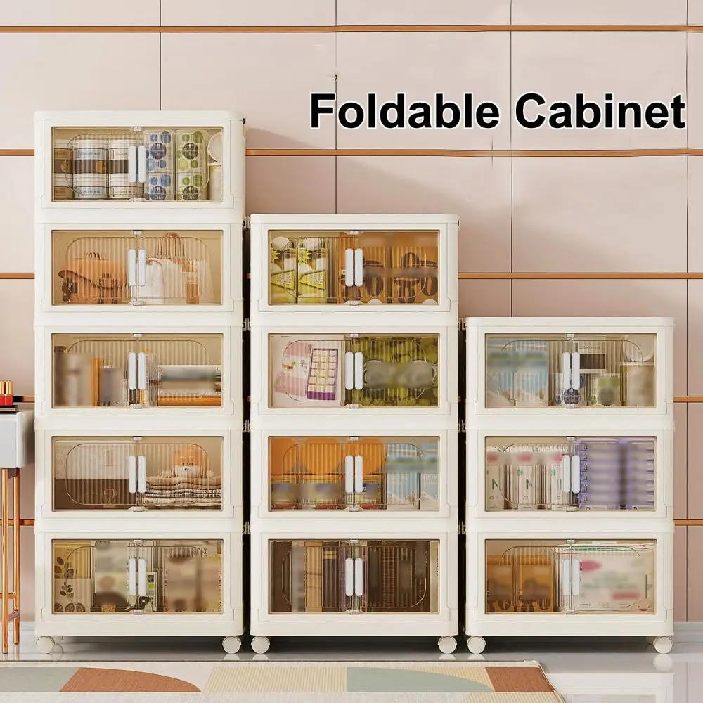 

19.69" Side Wide Folding Storage Cabinet, Collapsible Storage Bins with Magnetic Door, Plastic Storage Cabinet with Wheels