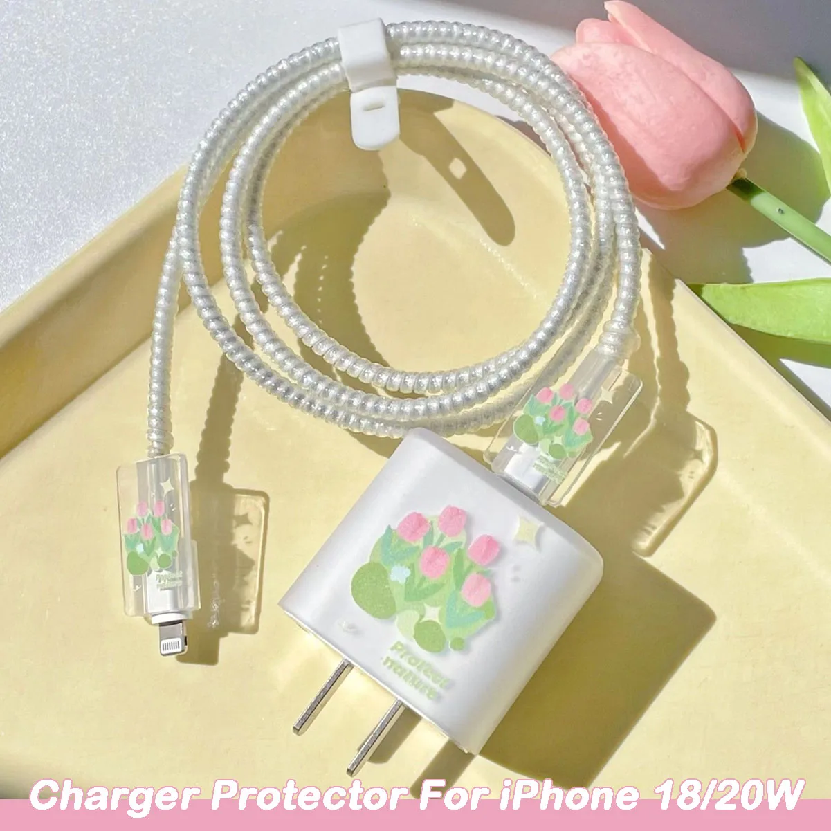 Tulips Style Charger Cable Protector For iPhone 15 16 18W/20W Adapter Protection Cover Cord Winder Protective For Apple 11 12 13